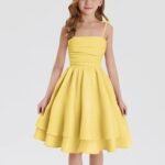 duxyoz Girl's Summer Dresses Spaghetti Strap Swing Pleated Cotton Dress Tween Kids Flowy Front Ruched Boho Beach Casual Midi Sundress for Princess Birthday Party Wedding Prom Gown - Image 3