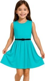 A2Z 4 Kids Girls Plain Skater Dress Party Fashion Summer Dresses Round Neck Sleeveless Flared Lightweight Dress with Free Belt Age 5-13 Years - Image 2