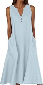 Summer Dresses for Women UK Beach Plus Size Linen Dresses Boho Holiday Long Dress Cotton Linen V Neck Button Sleeveless Sundress Elegant Casual Flowy Maxi Dress with Pockets - Image 2