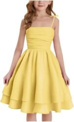 duxyoz Girl's Summer Dresses Spaghetti Strap Swing Pleated Cotton Dress Tween Kids Flowy Front Ruched Boho Beach Casual Midi Sundress for Princess Birthday Party Wedding Prom Gown - Image 2