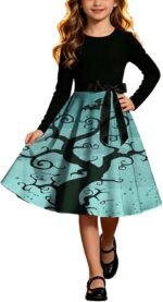 duxyoz Halloween Prom Dresses for Girls Midi A Line T-Shirt Dress 5-4 Years | Long Sleeve Twirly Skater Dress High Waist Bow Flowy Sundress Graphic Print Festival Dresses Prom Ball Gown Special Occasion - Image 2